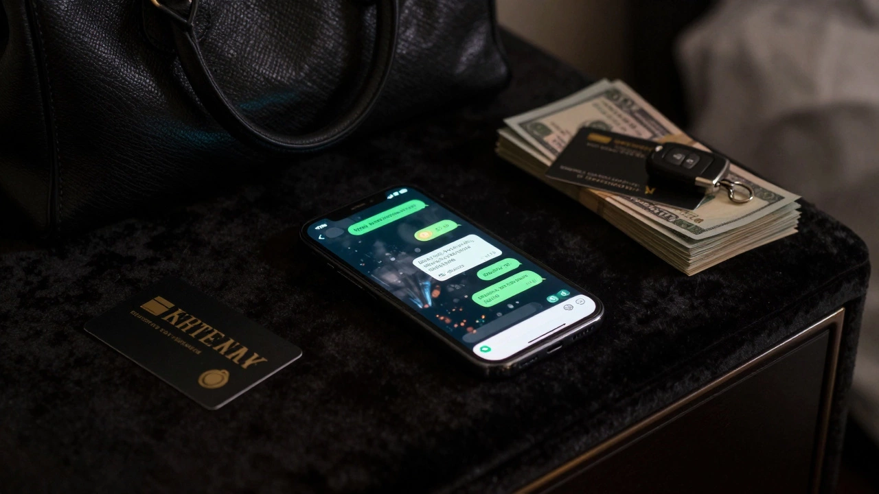 A phone on a nightstand with glowing screen, surrounded by cash and a hotel keycard in a dimly lit room.
