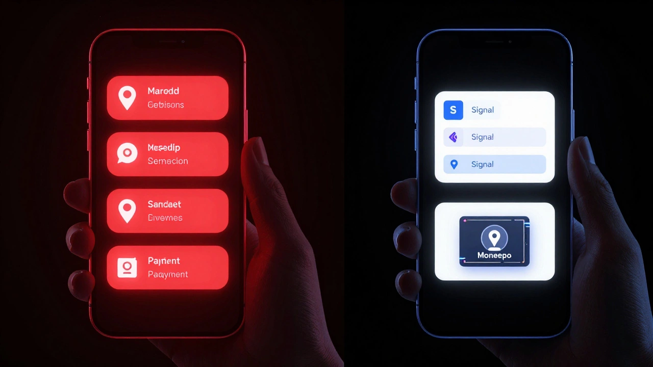 Split-screen digital image showing vulnerable smartphone apps versus secured encrypted communication tools.