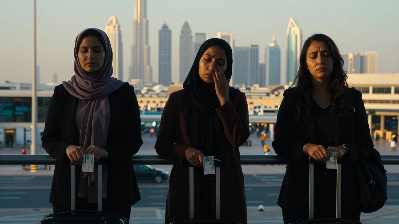 Three women from different regions holding suitcases at an airport, silhouetted against Dubai’s skyline at sunset.