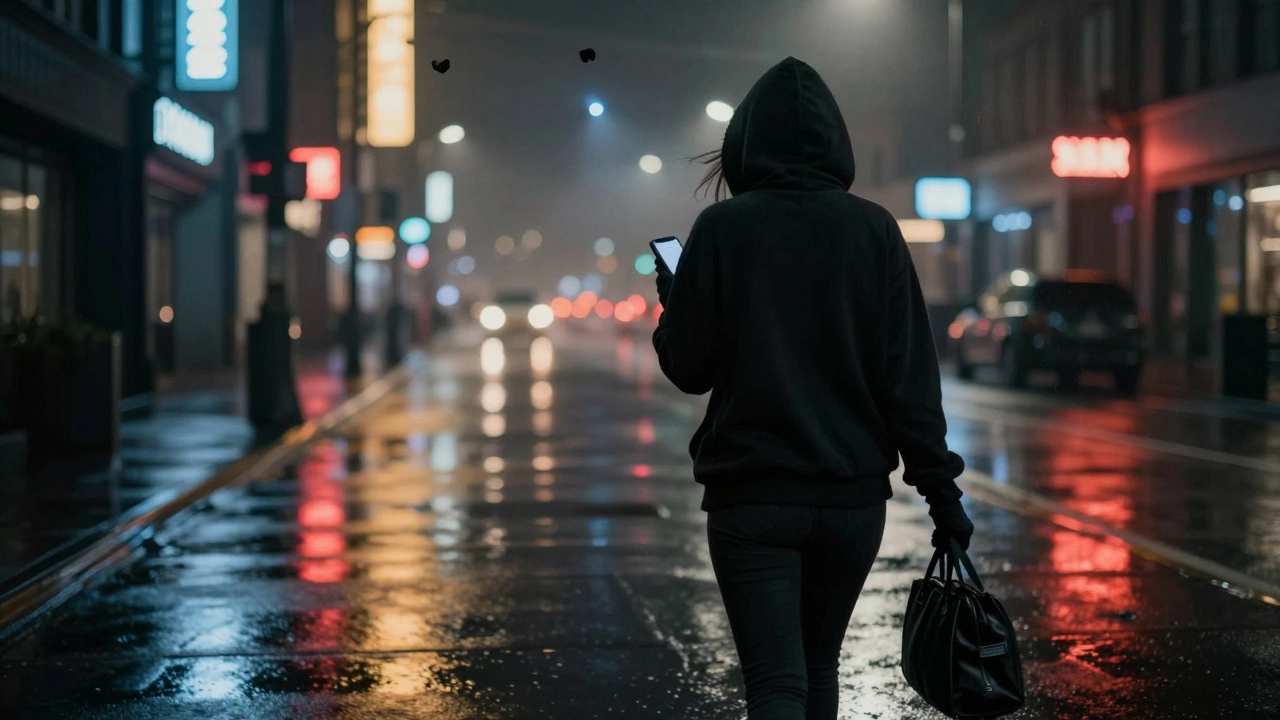 Woman walking away at night with burner phone and Faraday bag, surveillance cameras faintly glowing overhead.